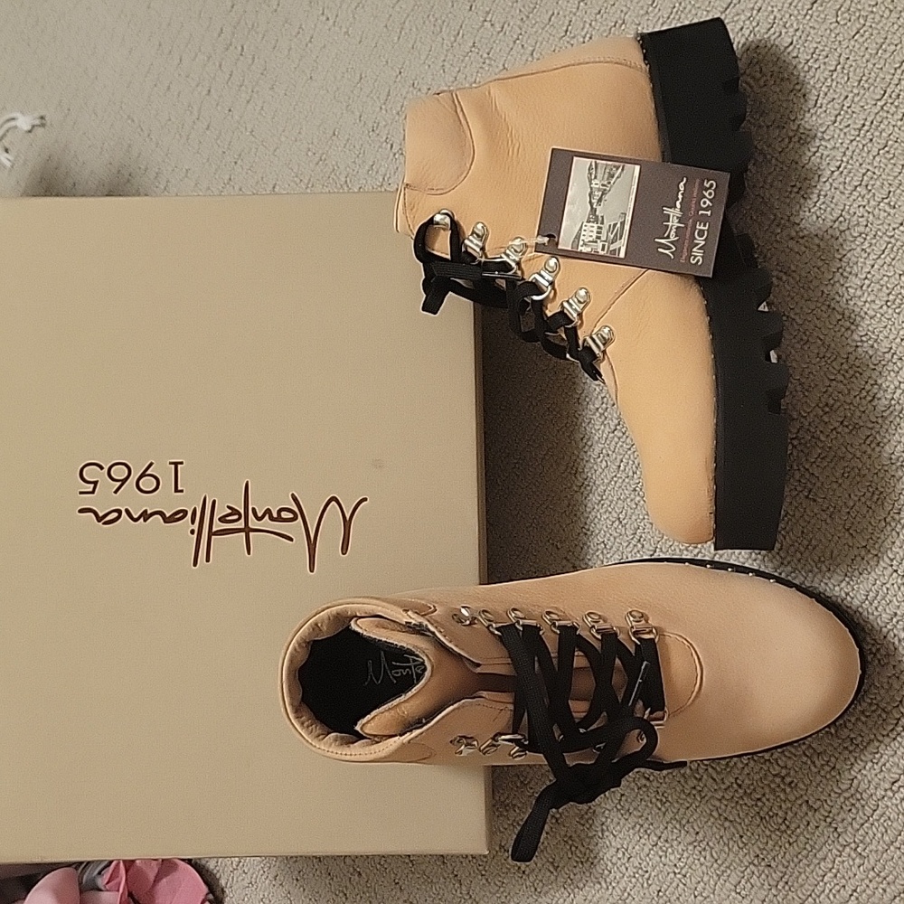 NWB Montelliana 1965 Bluma Nude suede  boots - lug lace up